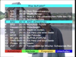 Abbildung 3: Über die grüne Taste (»F2«) im Programm-Menü (Punkt 1) bekommen Sie eine praktische Übersicht, was auf welchem Sender läuft