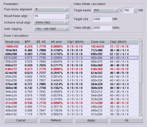 Abbildung 3: Mit dem Zoom-Calculator kann man alle Faktoren für eine optimale Skalierung des Bildes per Hand einstellen. Ausgewiesen werden die Abweichungen vom korrekten Seitenverhältnis und der BPP (Bits Per Pixel) Wert, der eine Aussage über die Kompressionsqualität liefert