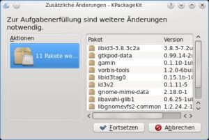 Abbildung 4: Bevor Kubuntu die zum Synchronisieren des iPod nötigen Pakete nachlädt, listet es erstmal die anderen Abhängigkeiten auf.