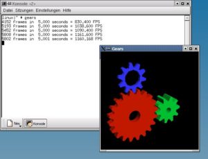 Abbildung 4: Das kleine Programm gears in Aktion. Im Terminalfenster werden alle fünf Sekunden die erreichten Bilder pro Sekunde ausgegeben.