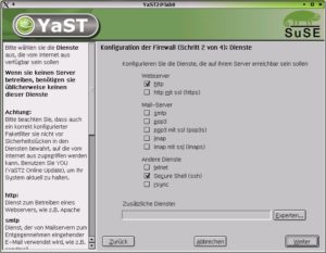 Abbildung 4: Die Firewall lässt sich nicht nur mit wenigen Mausklicks über das Yast-Modul einrichten, mit eingeschaltetem Masquerading in Schritt 3 mutiert der Rechner zum vollwertigen Access-Router im heimischen Netz