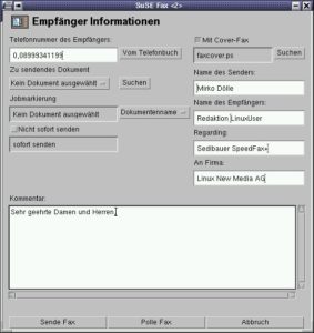 Abbildung 4: SuSE-Fax bietet ein Deckblatt an, das allerdings erst nach der letzten Seite übertragen wird