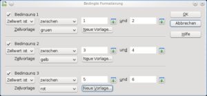 Abbildung 5: Zunächst definieren Sie die Bedingung, die auf eine Zelle zutreffen muss, dann ordnen Sie per Vorlage eine Formatierung zu, die OpenOffice übernimmt, wenn die Bedingung zutrifft.