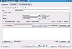 Abbildung 5: Termineingabe unter KOrganizer