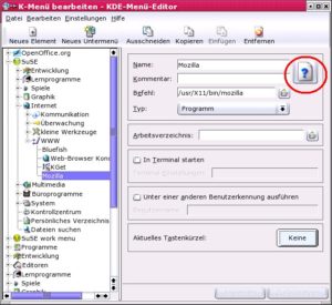 Abbildung 5: Der Eintrag Mozilla im KDE-Menü-Editor zeigt nur ein Platzhaltersymbol. Mit Klick weisen Sie ihm ein eigenes Icon zu