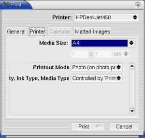 Abbildung 5: Drucker, Papiergröße, -typ und Druckqualität bei flphoto einstellen