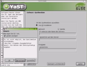 Abbildung 6: Obwohl YaST den ATAPI-CD-Brenner eigenhändig mit IDE-SCSI-Emulation eingerichtet hat, greift die Paket-Installation nach dem Update auf SuSE 8.0 auf das ungültige IDE-Gerät /dev/hdc zu. Damit war YaST zur Nachinstallation unbrauchbar