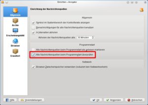 Abbildung 6: Auf Wunsch holt der RSS-Reader Akregator alle neuen Nachrichten gleich beim Programmstart ab.