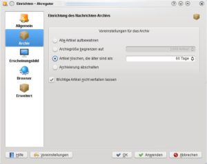 Abbildung 7: Mit dieser Einstellung löscht Akregator automatisch alle Nachrichten, die älter als 60 Tage sind.