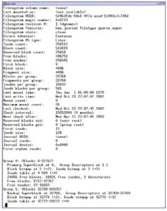 Abbildung 7: Ausgabe von dumpe2fs für eine Ext3-Partition (gekürzt)