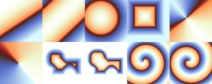 Abbildung 8: Verschiedene Farbverlaufsformen: oben: Linear, Bi-Linear, Kreisförmig, Quadratisch, Konisch (symmetrisch), unten: Konisch (asymmetrisch), Formangepasst (winklig), Formangepasst (sphärisch), Spirale (rechtsdrehend), Spirale (linksdrehend)