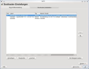 Abbildung 8: Einige Distributionen (wie hier OpenSuse 11.3) bieten eine grafische Oberfläche, mit der man das Grub-Menü etwas bequemer nach seinen Wünschen verändern kann.