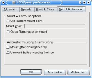 Abbildung 8: Wie soll sich Kcdspeed beim Mounten und Unmounten des Laufwerks verhalten?