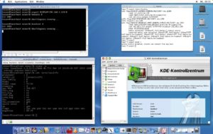 Abbildung 8: Oben: Das verkleinerte Virtual-PC-Fenster und ein Xterm von MacOS X, unten eine KDE-Konsole und das Kontrollzentrum vom Linux-System