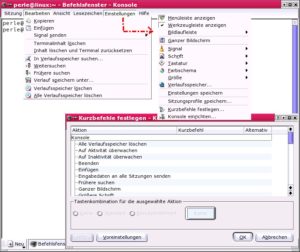 Abbildung 8: Die aufgepeppte KDE-Konsole: links das Menü Bearbeiten mit den Verlauf-Funktionen, rechts das Einstellungsmenü und unten der Dialog um Kurzbefehle festzulegen