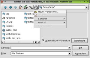 Abbildung 9: Das Ziel-Verzeichnis, in das Dateien entpackt werden sollen, können Sie direkt mit Ark erstellen
