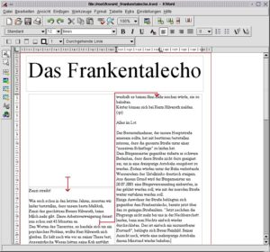 Abbildung 9: Nachdem die Rahmen wie im Artikel erwähnt verknüpft wurden, wird der Text, wie hier durch die roten Pfeile angedeutet, in den jeweils nachfolgenden Rahmen fortgesetzt