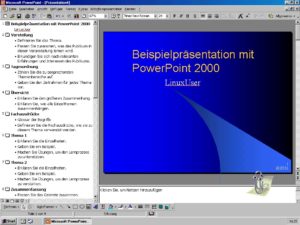Abbildung 9: Am linken Rand kann unter PowerPoint 2000 die Gliederung eingeblendet werden, unter StarOffice verwenden Sie stattdessen den Navigator