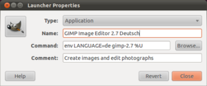 GNOME Menü Launcher GIMP Sprache