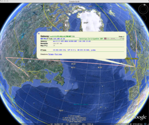 Neu in der Security-Distribution NST 2.13.0: Geolocation, hier die Visualisierung eines Traceroute-Durchgangs in Google Earth.