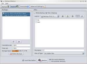 JBackback besitzt eine grafische Oberfläche für alle Aufgaben, hier das Wiederherstellen einzelner Dateien aus dem Backup.