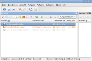 Solange ihre Vorbedingungen (Zeile 1 und 2) nicht erfüllt sind, zeigt Taskcoach die Aufgabe (Zeile 3) ausgegraut an.