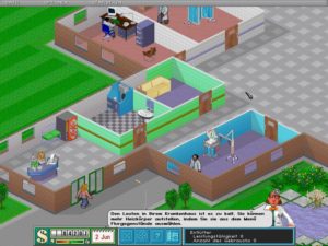 Abbildung 2: Den Patienten darf es nicht zu kalt werden, mit strategisch im Krankenhaus verteilten Heizkörpern hält man dagegen. Über die Menüleiste am oberen Rand speichert man übrigens einen Spielstand und beendet das Spiel.