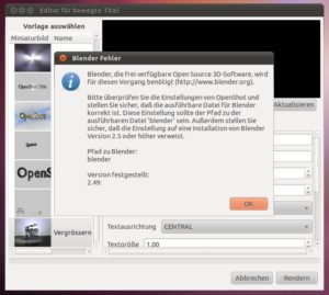 Abbildung 6: Witzigerweise liegt Ubuntu 10.10 zwar die neueste Version von OpenShot bei, das für die 3D Titel benötigte Blender aber nur in einer zu alten Version.