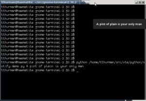 Das Gnome-Terminal blendet in einem Popup (rechts oben) ein Zitat des irischen Dichters Flann O'Brien ein.