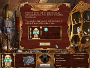 Abbildung 2: The Clockwork Man bietet gleich mehrere Hilfen: Zunächst melden sich zu Beginn des Spiels immer wieder solche Tafeln, die in die Bedienung einführen. Beim Aufspüren von Gegenständen assistiert zudem der Roboter Sprocket (The Clockwork Man, Teil 1).