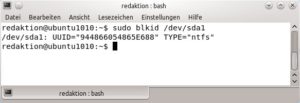 Abbildung 2: Geben Sie den Befehl "blkid" ein, um die UUID einer Festplatte oder Partition zu erfahren. Diese lassen sich anhand der recht langen Zahlen eindeutig identifizieren.