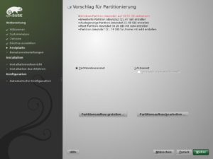Abbildung 2: OpenSuse macht einen eigenen Partitionierungsvorschlag, wenn Sie es neben ein Windows installieren. Dabei plant es, die Windows-Partition zu verkleinern.