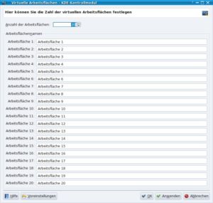 Abbildung 2: Unter KDE können Sie bis zu 20 virtuelle Arbeitsflächen aktivieren.
