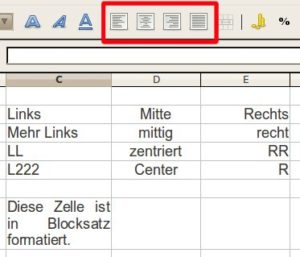 Abbildung 3: Zellen können Sie links- und rechtsbündig, zentriert und im Blocksatz ausrichten. Die dafür zuständigen Icons sind hier rot markiert.