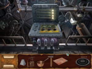 Abbildung 3: Solche Adventure-Einlagen sind selten (The Clockwork Man, Teil 1): Die Radioröhre hat Miranda bereits eingesetzt, als nächstes muss sie noch das Rohr rechts oben flicken. Dabei stehen ihr die Zutaten und Werkzeuge am unteren Rand zur Verfügung.