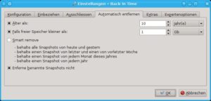 Abbildung 3: Im Abschnitt "Automatisches entfernen" der Konfiguration geben Sie an, zu welchen Konditionen Back in Time alte Snapshots automatisch löscht.