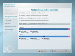 Abbildung 7: Um Platz für eine nachträgliche Windows-Partition zu schaffen, installieren Sie zunächst scheinbar ein zweites Kubuntu über die vorhandene Version.