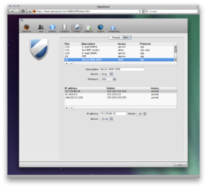 Die GPL-Software Open Panel dient unter anderem zur Konfiguration der Firewall, hier die Weboberfläche in einem Macintosch-Browser.