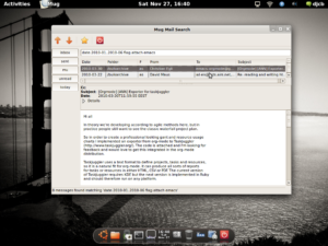 Mug, die neue GUI für die Maildir-Utlities Mu, zeigt links die Lesezeichen als Buttons und bietet oben ein Feld für die Mu-Kommandzeile.