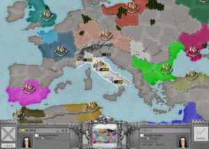 Abbildung 1: Jeder König hat seine eigene Farbe, graue Provinzen sind neutral, während die hellgrauen dem eigenen Reich angehören.