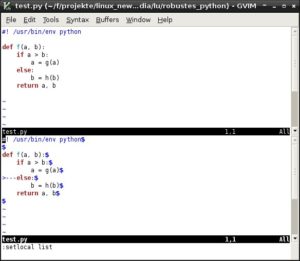 Abbildung 1: Zwei Ansichten der gleichen fehlerhaften Datei in Vim, oben ohne, unten mit gesetzter <code srcset=