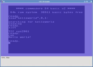 Abbildung 2: Das erste Helloworld-Programm in C auf dem (virtuellen) Commodore 64.
