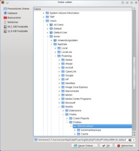 Abbildung 2: In der Linux-Version von Firefox geben Sie beim Einrichten des Profils den Pfad zum Profil der Windows-Version an. Der entsprechende Thunderbird-Dialog sieht anders aus, funktioniert aber genauso.