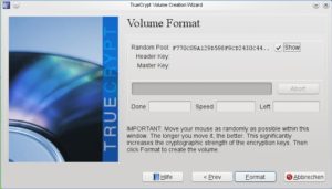 Abbildung 3: Aus den Bewegungen der angeschlossenen Maus generiert TrueCrypt die Zufallszahlen zum Verschlüsseln des Datenträgers oder Volumes.
