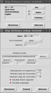 Abbildung 4: Ding verwendet bei Bedarf alternative Wörterbücher. Im Fenster oben legen Sie fest, in welcher Reihenfolge Ding sucht. Die kleinen Pfeilspitzen rechts neben der Liste erlauben, diese neu zu sortieren.