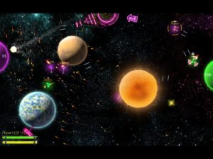 Abbildung 8: Hier besitzt der grüne Jango die Fernbedienung (erkennbar an den strahlenden Rechtecken um sein Raumschiff), während die Kanone munter auf den Heimatplaneten der lila Fraktion schießt.