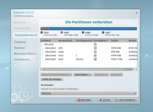 Abbildung 9: So kann eine manuelle Partitionierung aussehen: Nach der Windows-Partition folgt ein SWAP-Bereich, dann einer für das Dateisystem und schließlich eine separate Partition für Ihr Home-Verzeichnis.