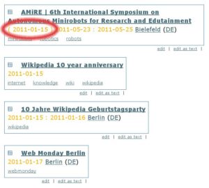 Abbildung 1: GriCal sortiert Veranstaltungstermine anhand der immanenten Deadlines, die er zwischen Klammern darstellt.