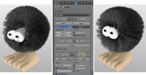 Abbildung 10: Der Dust Puppy mit Denkerstirn (links) – was ist denn hier mit den Haaren passiert? Die Deformierung hat zugeschlagen: Sie sollte diese vornehmen, bevor Blender die Partikel-Haare berechnet (Mitte). Dann sieht der Dust Puppy später so aus wie rechts: Mit schwarzen Haaren und schwarzem Körper wirkt er nun weniger wie eine Bürste.