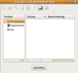Abbildung 3: Die Listenfenster von Efax-gtk zeigen empfangene beziehungsweise versandte Faxe. Am oberen Rand des Fensters gibt es Schalter für die wichtigsten Funktionen.